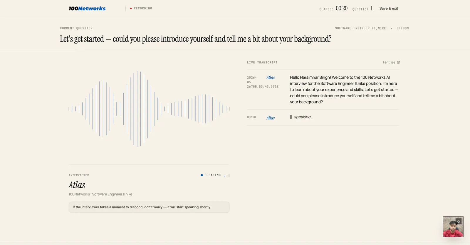 A candidate in the middle of an AI-powered interview on 100Networks — chat panel, voice orb, proctored video feed